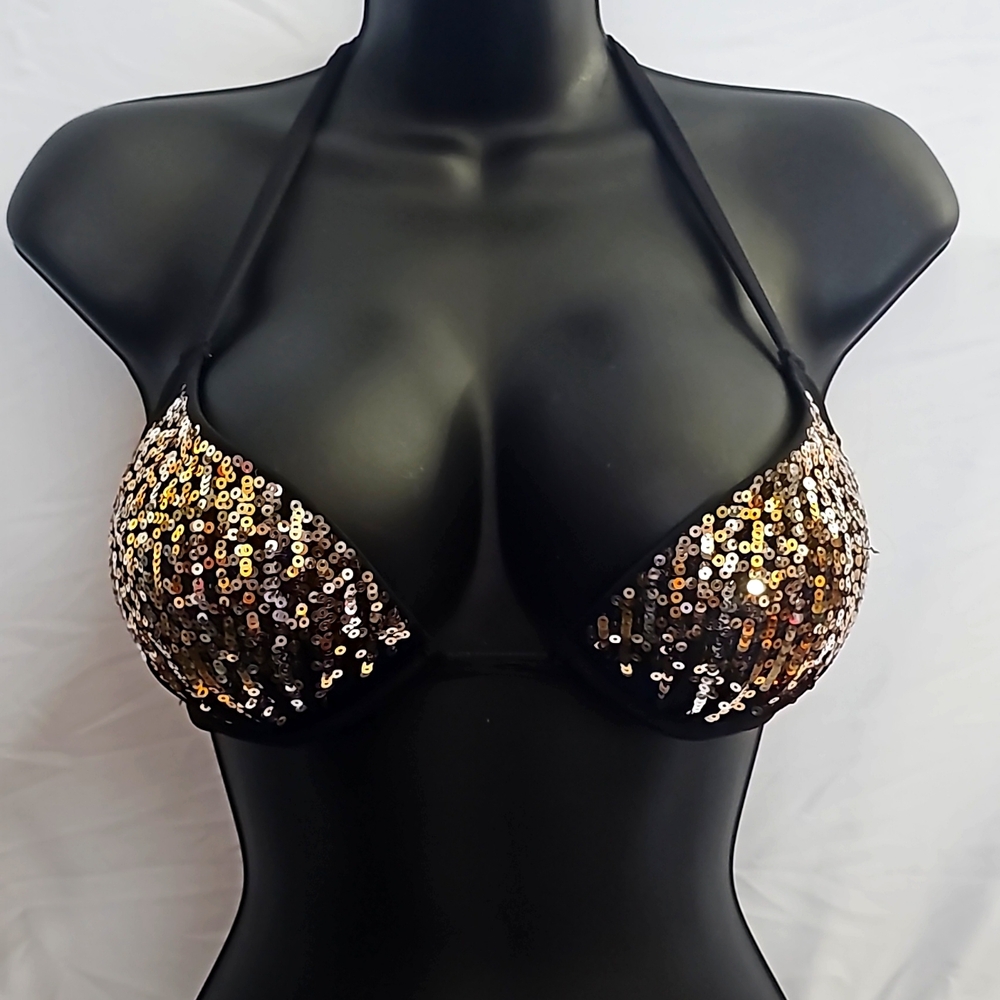 Victoria Secret black bikini top gold silver sequins size 34B
